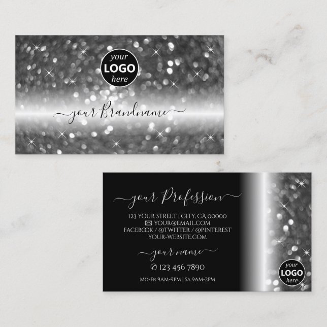Glamous Black Silver Sparkling Glitter med Logotyp Visitkort (Fram/baksida)