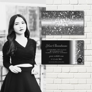 Glamous Black Silver Sparkling Glitter Monogram Visitkort