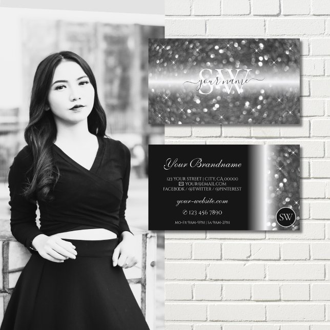 Glamous Black Silver Sparkling Glitter Monogram Visitkort (Skapare uppladdad)