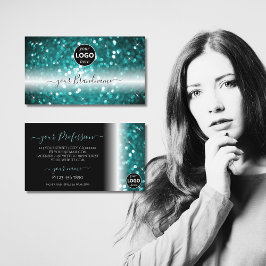 Glamous Black Teal Sparkling Glitter med Logotyp Visitkort