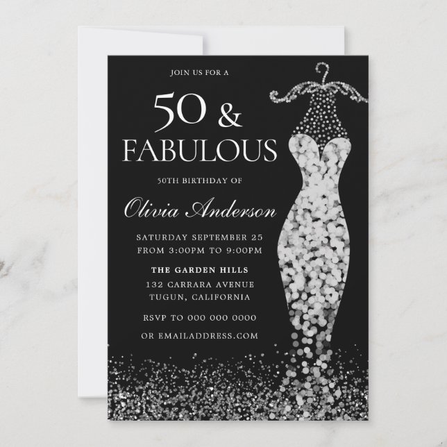 Glamous Black & White Silver Dress 50:e födelsedag Inbjudningar (Framsida)