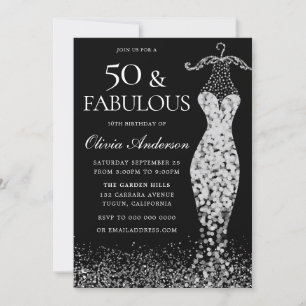 Glamous Black & White Silver Dress 50:e födelsedag Inbjudningar