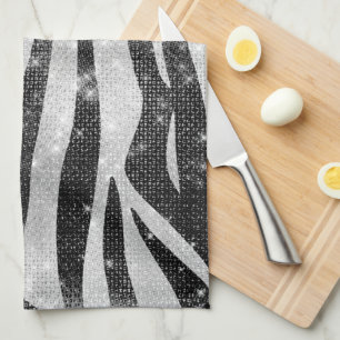 Glamous Black White Sparkly Glitter Zebra Rand Kökshandduk