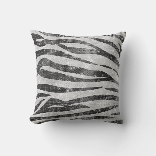 Glamous Black White Sparkly Glitter Zebra Rand Kudde (Framsida)