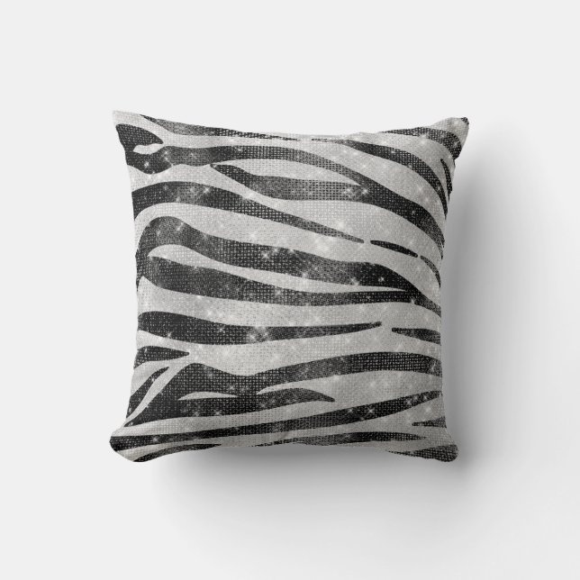 Glamous Black White Sparkly Glitter Zebra Rand Kudde (Framsida)