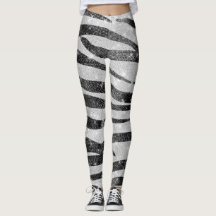 Glamous Black White Sparkly Glitter Zebra Rand Leggings