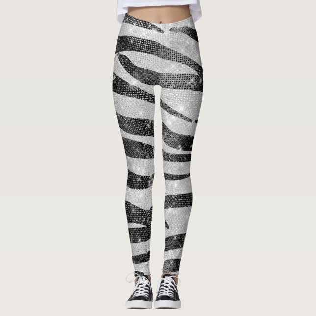 Glamous Black White Sparkly Glitter Zebra Rand Leggings (Framsida)