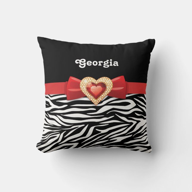 Glamous Black white zebra tryck, röd båge och jewe Kudde (Framsida)