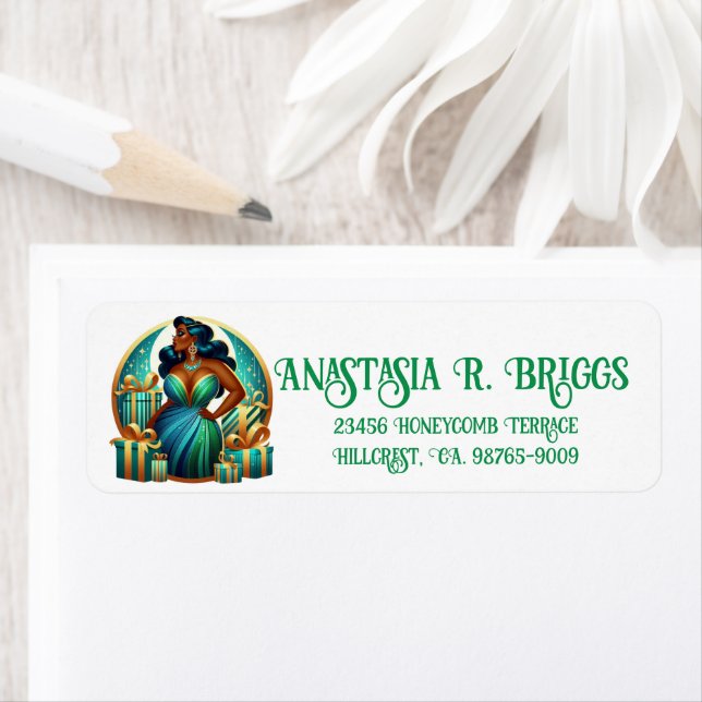 Glamous Black Woman Festive Snyggt jul Returadress Etikett (Insitu)