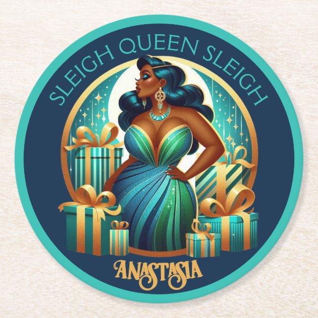 Glamous Black Woman Festive Snyggt jul Underlägg Papper Rund (Framsidan)