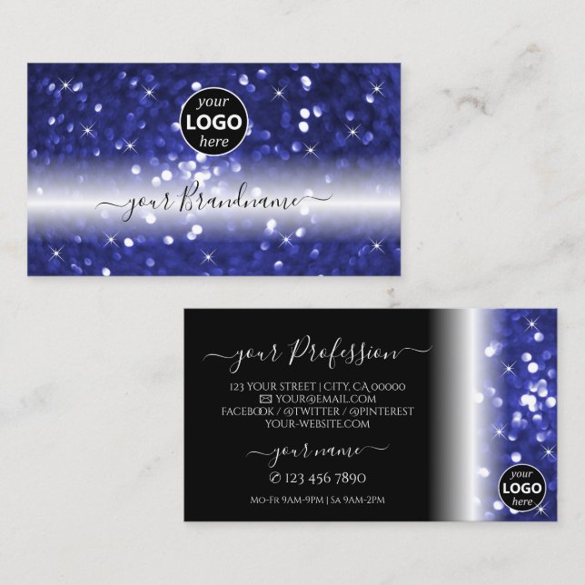 Glamous Blue Sparkling Glitter Stars med Logotyp Visitkort (Fram/baksida)