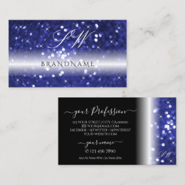 Glamous Blue Sparkling Glitter Stars Monogram Visitkort