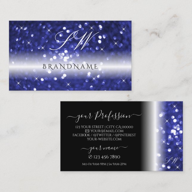 Glamous Blue Sparkling Glitter Stars Monogram Visitkort (Fram/baksida)