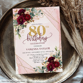 Glamous Boho Burgundy Guld Ro 80:e födelsedagen Inbjudningar