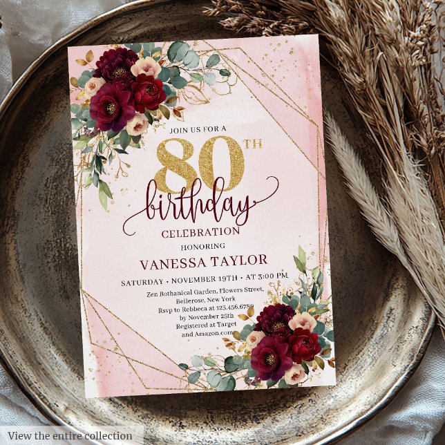 Glamous Boho Burgundy Guld Ro 80:e födelsedagen Inbjudningar (Glamorous Boho Burgundy Gold Roses 80th Birthday Invitation)