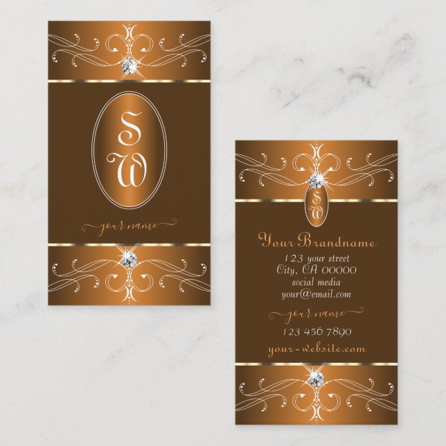 Glamous Brown Orange Ornate Ornaments Monogram Visitkort (Fram/baksida)