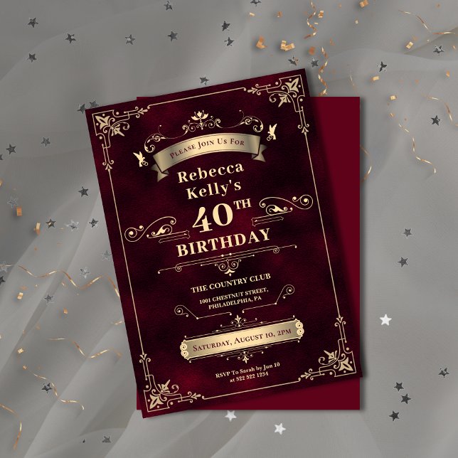 Glamous Burgundy Guld Milestone Age Birthday Inbjudningar (Glamorous Burgundy Gold Milestone Age Birthday Invitation)
