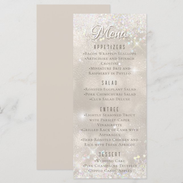 Glamous Champagne Glitter Luxury Bröllop Menu (Fram/baksida)