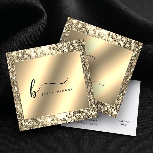 Glamous Champagne Guld Glitter-skript Monogram Fyrkantigt Visitkort (Skapare uppladdad)