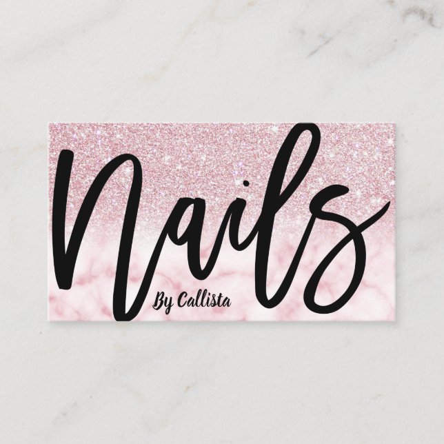 Glamous Chic Rosa Glitter Marble Nail Technician Visitkort (Framsida)