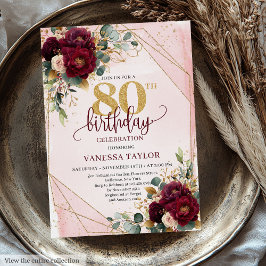Glamous Deep Red Guld Flowers 80 Birthday Inbjudningar