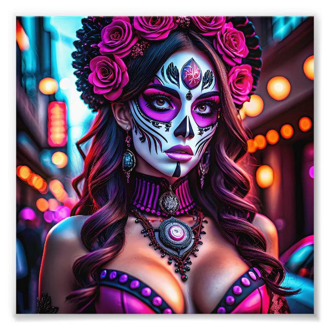 Glamous Día de los Muertos Catrina porträtt med Fototryck (Framsidan)