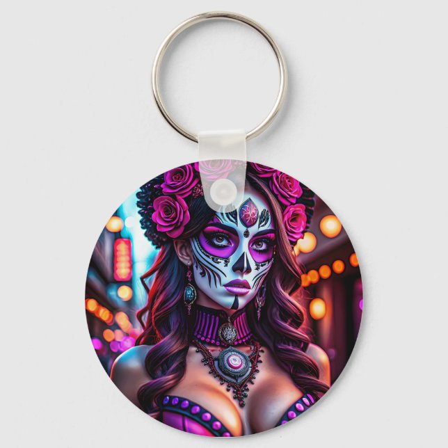 Glamous Día de los Muertos Catrina porträtt med Nyckelring (Framsida)
