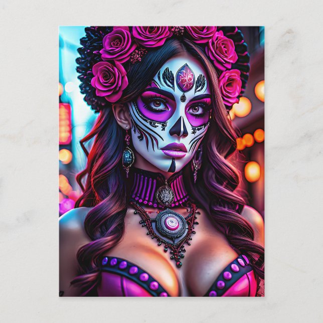 Glamous Día de los Muertos Catrina porträtt med Vykort (Framsida)