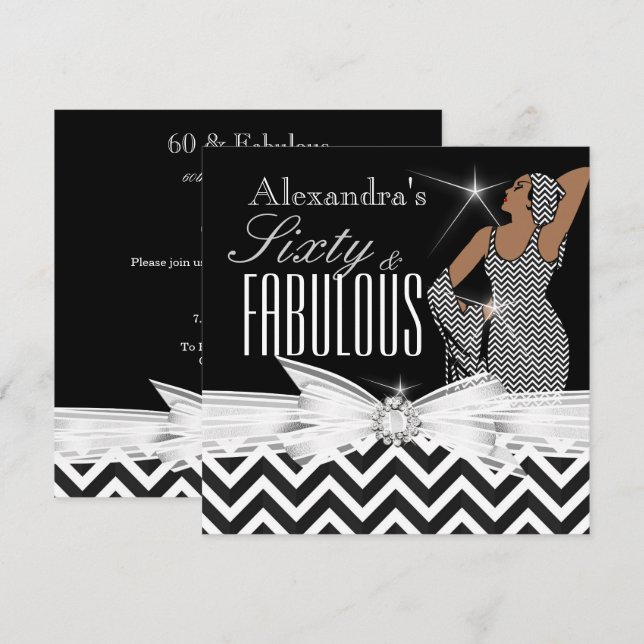 Glamous Fabulous 60 Chevron Black White Birthday Inbjudningar (Fram/baksida)