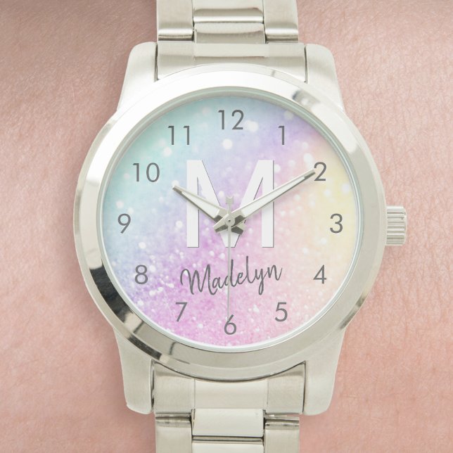 Glamous Glitter Holograph Monogrammed Söt Armbandsur (Nothing says glam like this stunning watch that features a holographic glitter effect and your name.)
