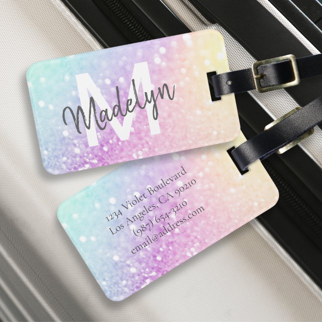 Glamous Glitter Holograph Monogrammed Söt Bagagebricka (Skapare uppladdad)