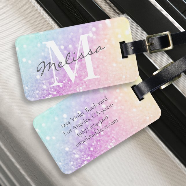 Glamous Glitter Holograph Monogrammed Söt Bagagebricka (Skapare uppladdad)