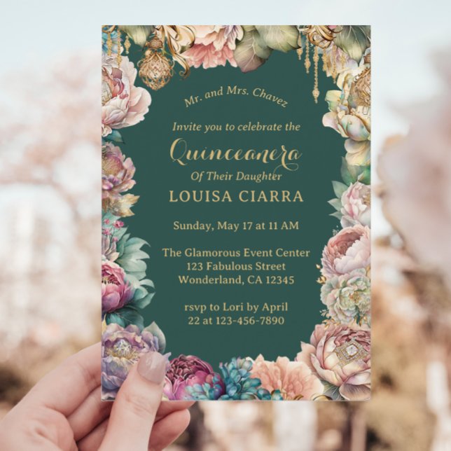 Glamous Grönt Guld Gnistra Flowers Quinceanera Inbjudningar (Skapare uppladdad)