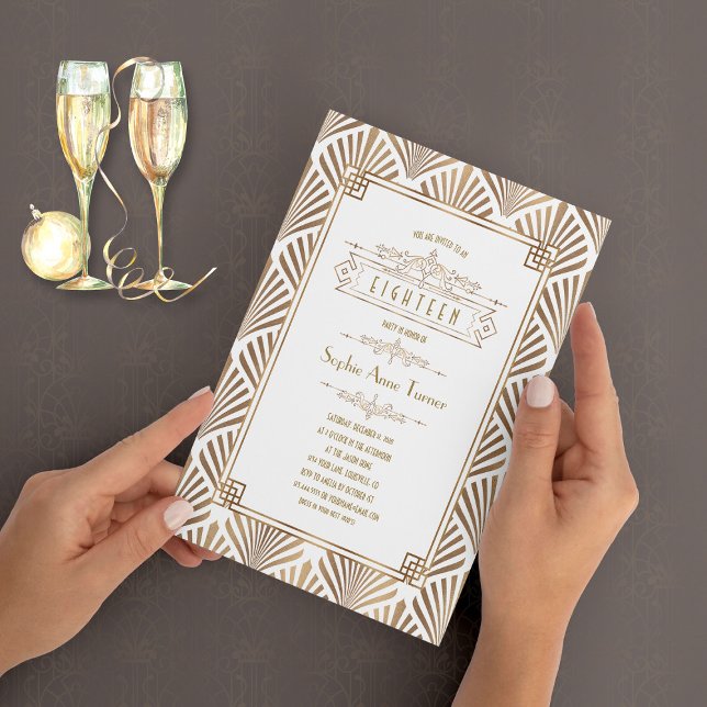 Glamous Guld Art Deco Underbar Gatsby 18:e födelse Inbjudningar (great gatsby eighteen birthday, roaring 20s birthday, 18th birthday invitation)
