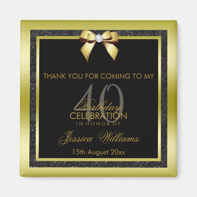 Glamous Guld Bow & Black Glitter 40:e födelsedagen Magnet (Framsidan)