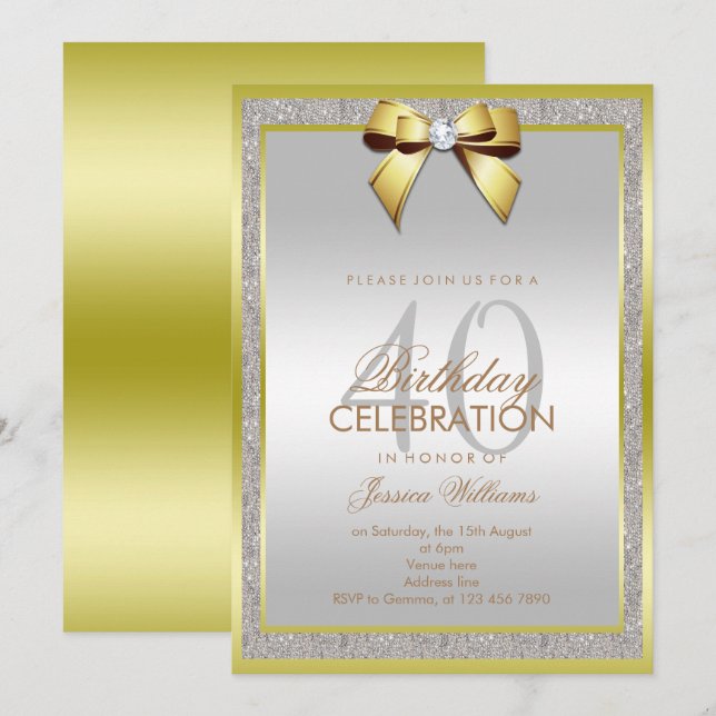Glamous Guld Bow & Silver Glitter 40:e födelsedage Inbjudningar (Fram/baksida)