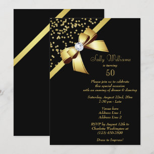 Glamous Guld Confetti & Jewel Bow 50:e födelsedage Inbjudningar