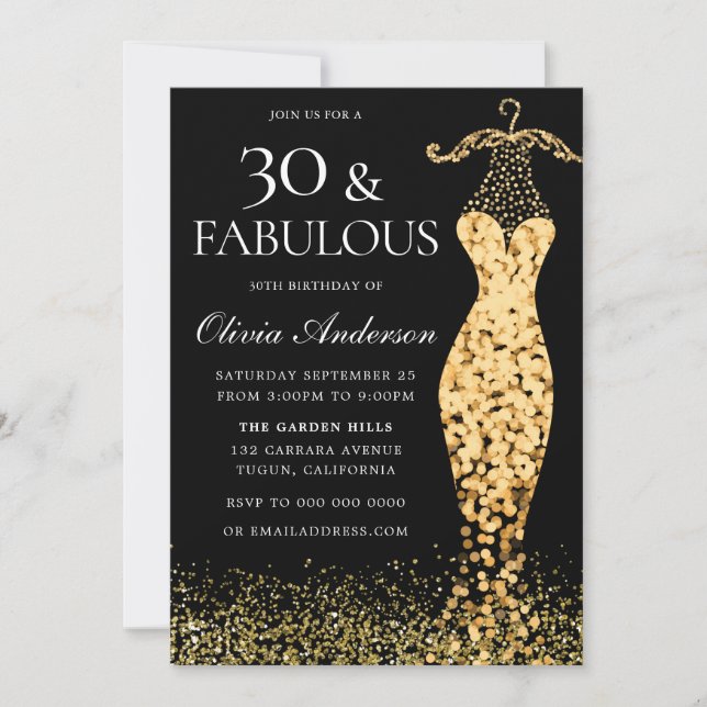 Glamous Guld Dress Fabulous 30års födelsedag Inbjudningar (Framsida)