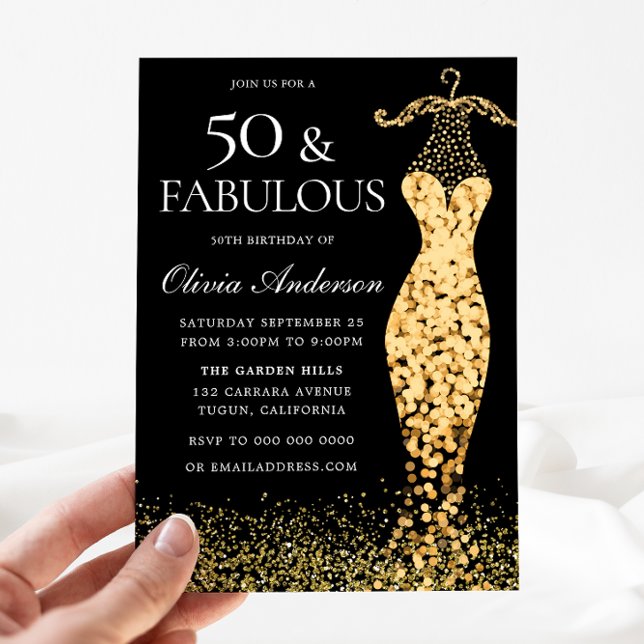 Glamous Guld Dress Fabulous 50:e födelsedagen Inbjudningar (Skapare uppladdad)