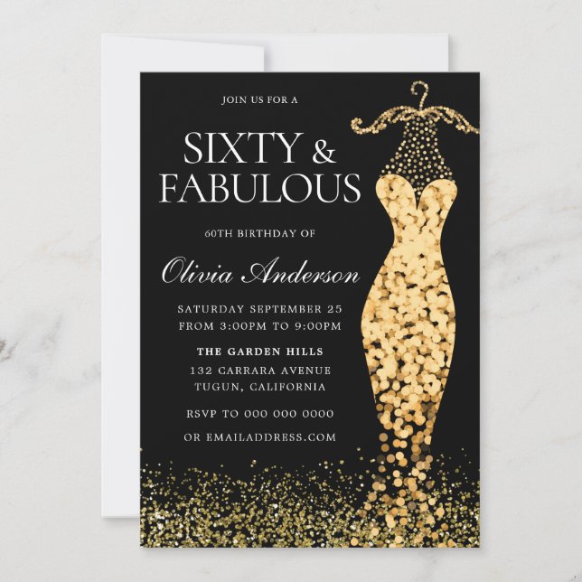 Glamous Guld Dress Fabulous 60:e födelsedagen Inbjudningar (Framsida)