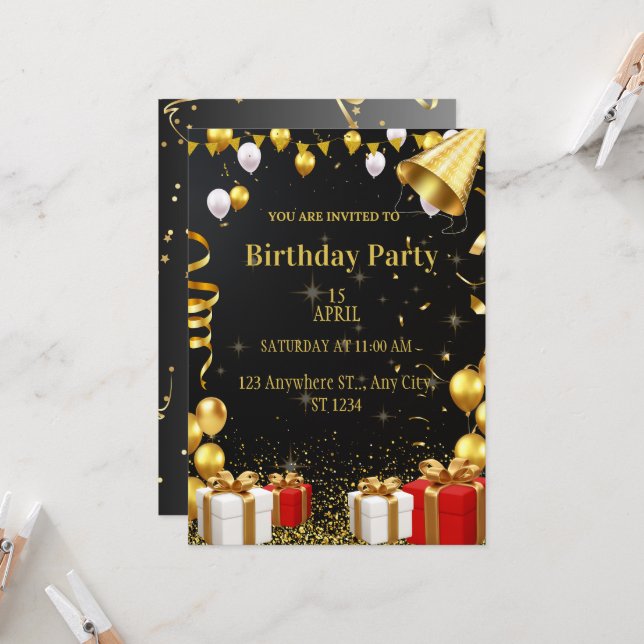 Glamous Guld Födelsedagsfest inbjudan (Fram/Back In Situ)