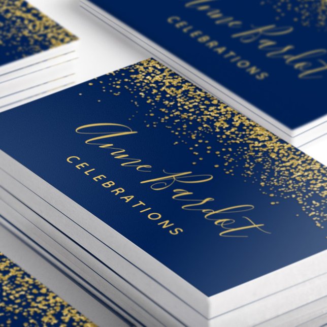 Glamous Guld Glitter Confetti Navy Blue Visitkort (Closeup of stacked Glamorous Blue and Gold Confetti Business Cards)