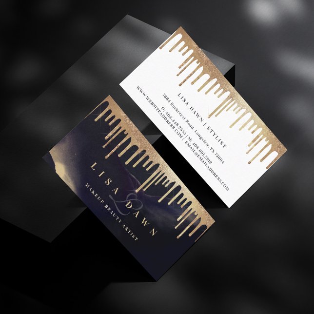 Glamous Guld Glitter Drip Mörk Bläck Monogram Glam Visitkort (Glamorous Gold Glitter Drip Dark Ink Monogram Glam Business Card)