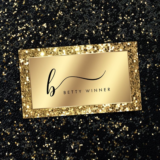Glamous Guld Glitter Luxury Script Monogram Visitkort (Skapare uppladdad)