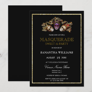 Glamous Guld Glitter Masquerad Sweet 16 Inbjudningar