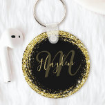 Glamous Guld Glitter Monogram Namn Black Nyckelring<br><div class="desc">Anpassa enkelt den lyxglam som ramade upp nyckelkedjan guld glitter med ditt eget namn och monogram.</div>