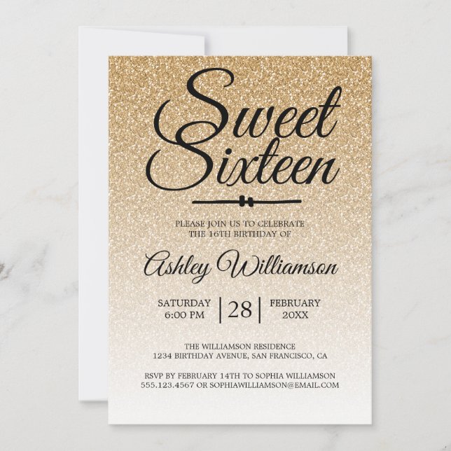 Glamous Guld Glitter Ombre Sweet 16 Birthday Inbjudningar (Framsida)