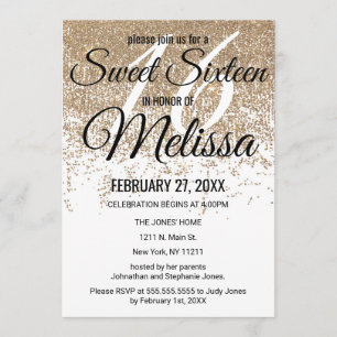 Glamous Guld Glitter Sparkles White Sweet 16 Inbjudningar