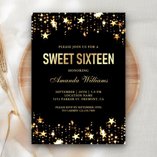 Glamous Guld Glitter Star Confetti Sweet sixteen Inbjudningar (Skapare uppladdad)