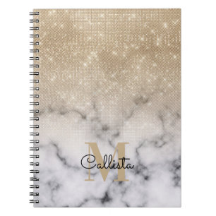 Glamous Guld Glitter White Marble Ombre Monogram Anteckningsbok